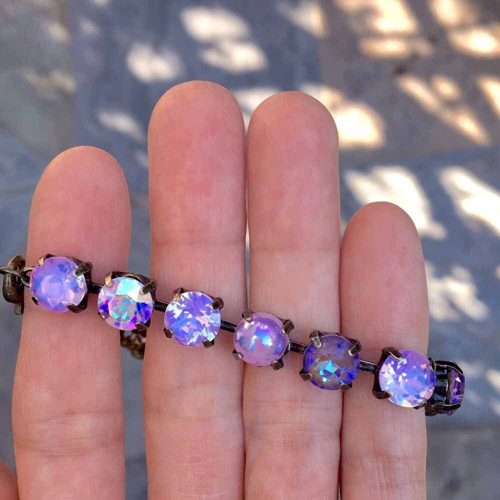 Amethyst, Violet, + iridescent Purple Opal Antique Brass Crystal Tennis Bracelet - Picture 4 of 17